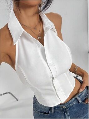 Moa Moa White Halter Collar Button Front Crop Top backless shirt